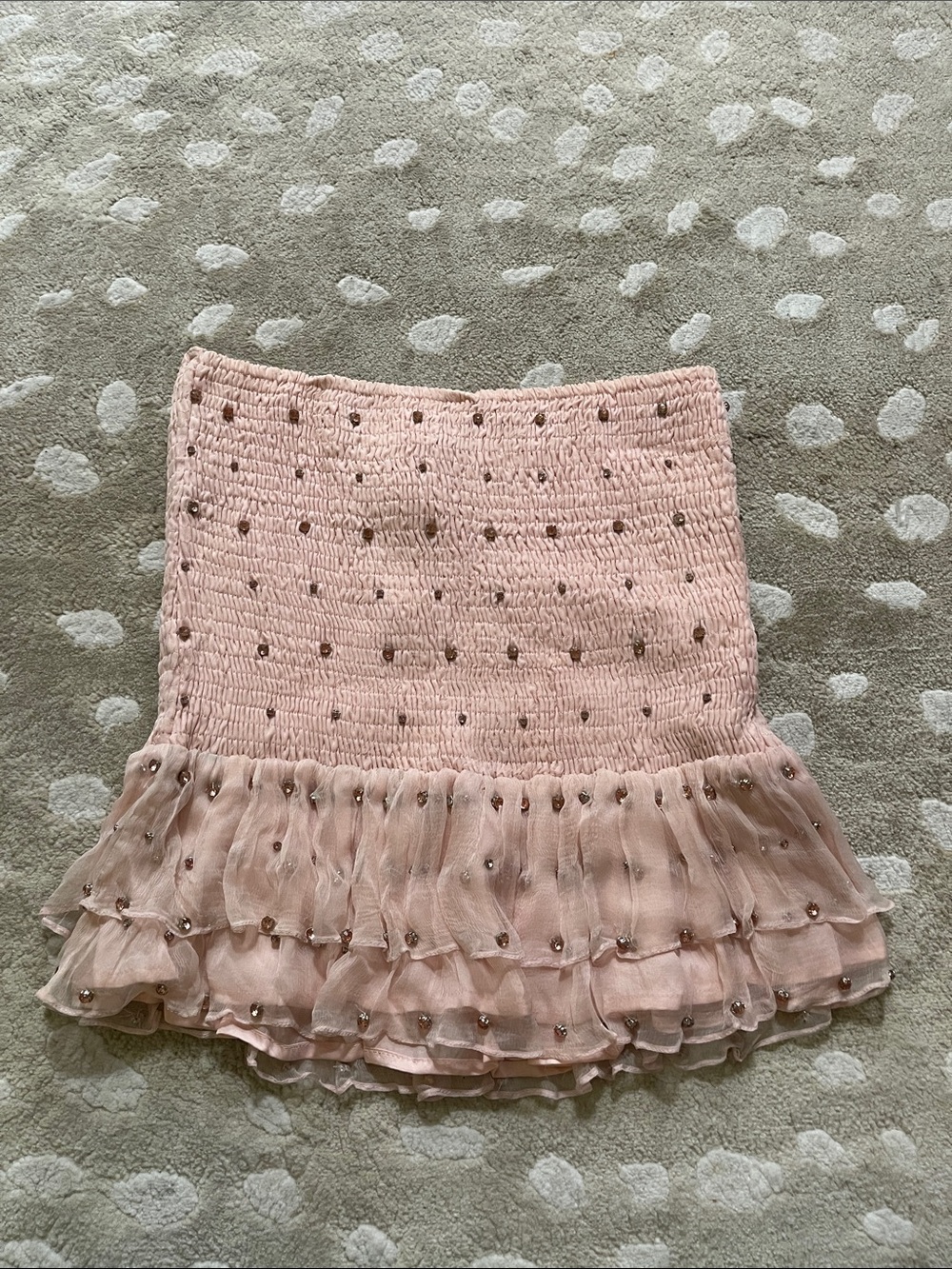 New Retrofete Small Smocked Ruffled Mini Skirt in Blush Pink Rhinestone